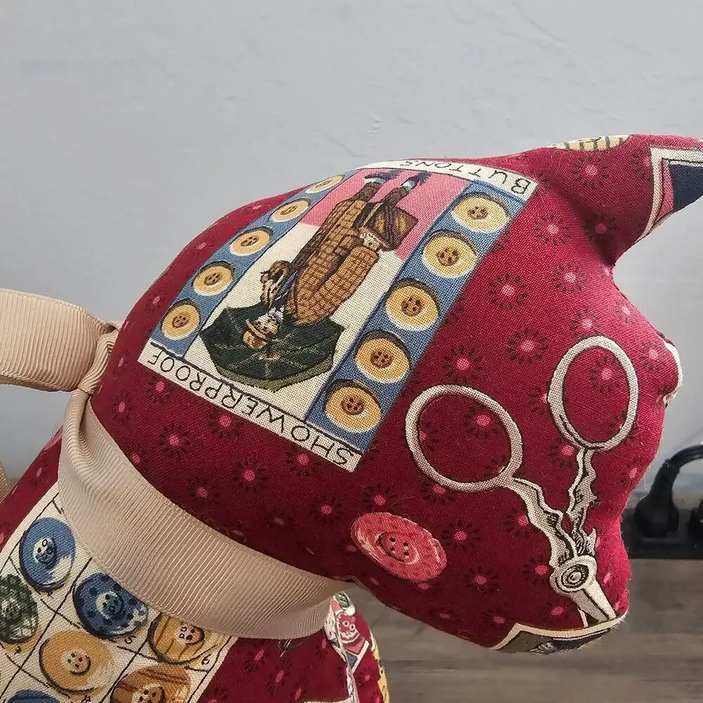 Vintage Handmade Cat Plush Red Patchwork Shelf Sitter Sewing Cottage Kitty Cats